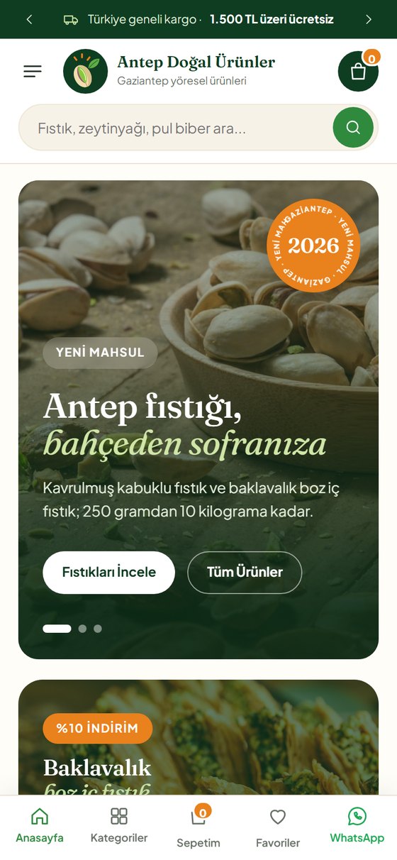 Antep Doğal Ürünler sitesinin mobil görünümü