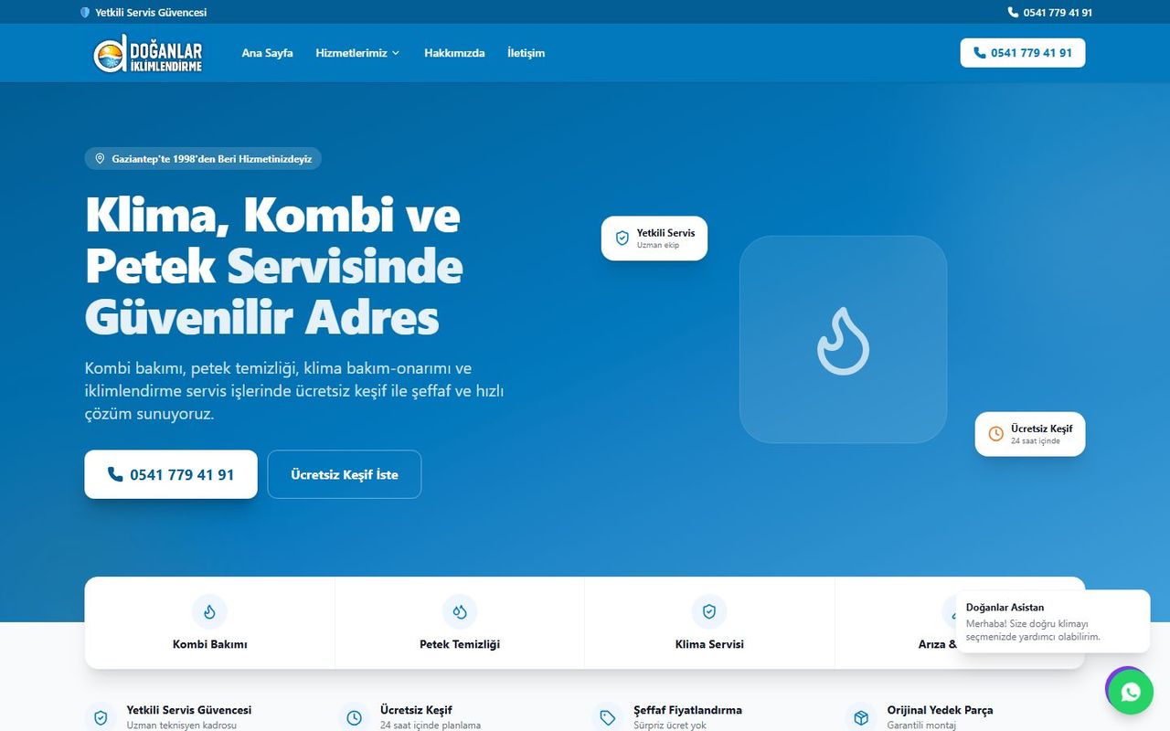 Doğanlar İklimlendirme sitesinin masaüstü ana sayfası
