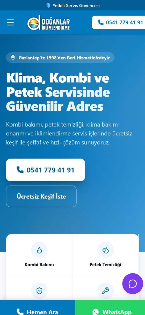 Doğanlar İklimlendirme sitesinin mobil görünümü