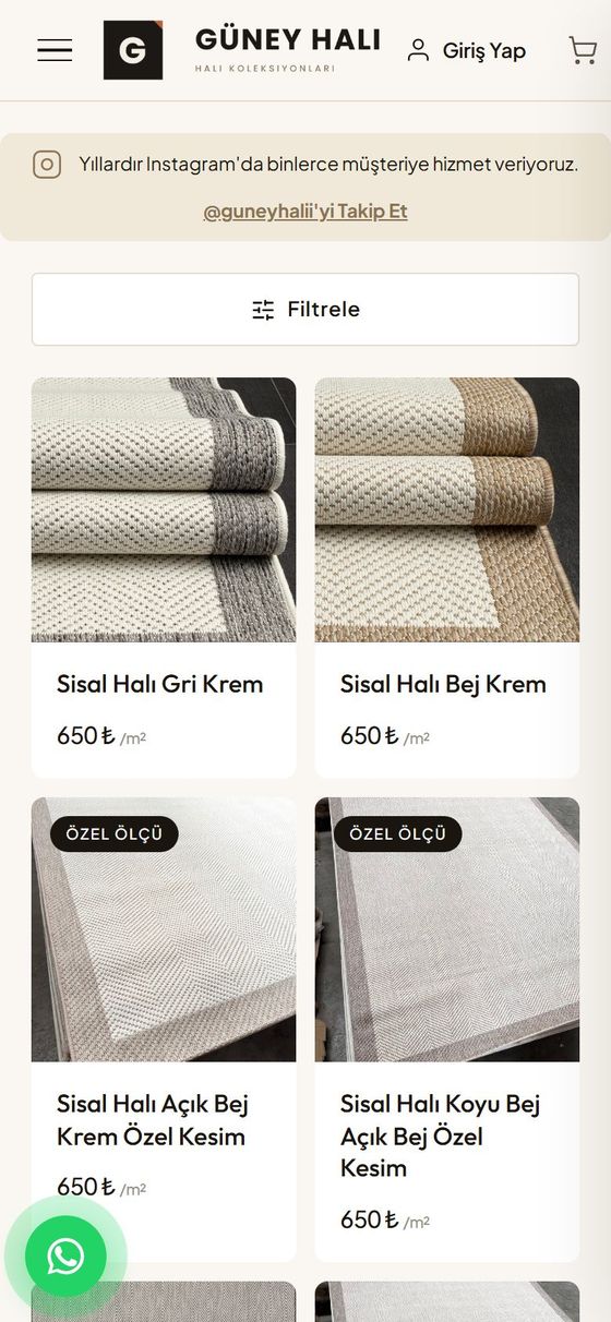 Güney Halı sitesinin mobil görünümü